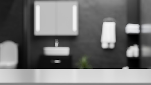 Espaço vazio de maquete na mesa sobre renderização 3d do interior do banheiro moderno e escuro borrado