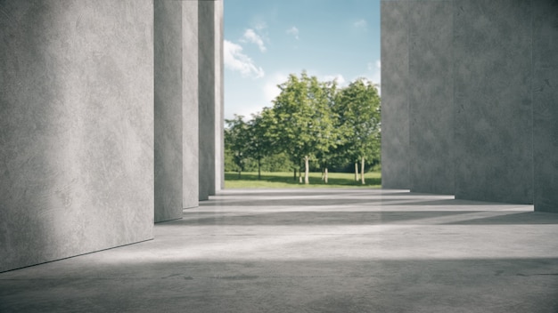 Foto espaço vazio para mostrar produtos no corredor de concreto com fundo do parque.