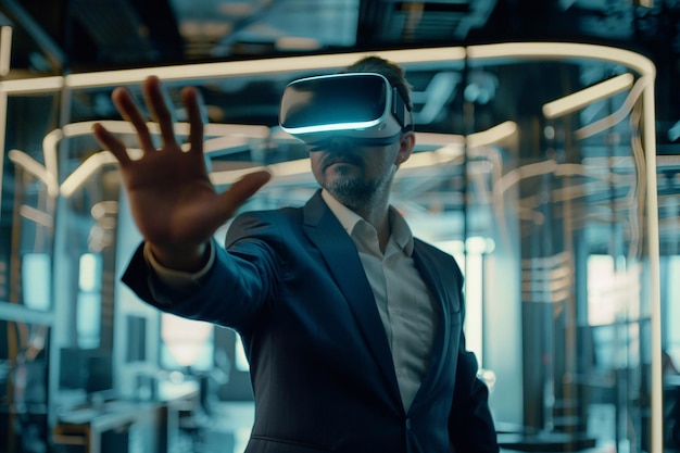 Espaços de Trabalho Futurísticos Empresário usando um fone de ouvido VR Tecnologia VR
