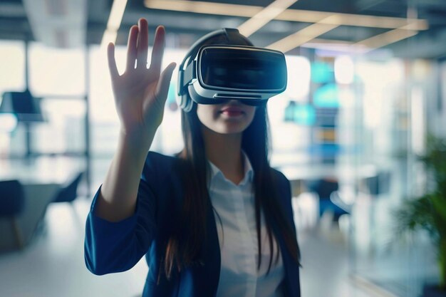 Espaços de Trabalho Futurísticos Mulheres de Negócios usando um fone de ouvido VR Tecnologia VR