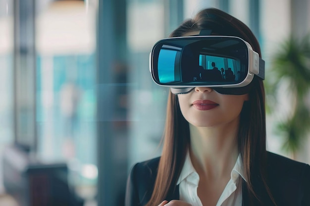 Espaços de Trabalho Futurísticos Mulheres de Negócios usando um fone de ouvido VR Tecnologia VR