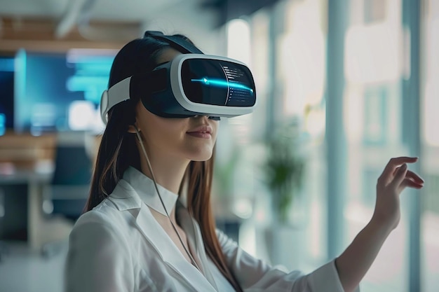 Espaços de Trabalho Futurísticos Mulheres de Negócios usando um fone de ouvido VR Tecnologia VR