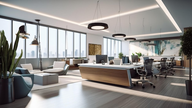 Espaçoso e moderno, um escritório aberto e iluminado com mesa elegante e cadeiras confortáveis geradas por IA