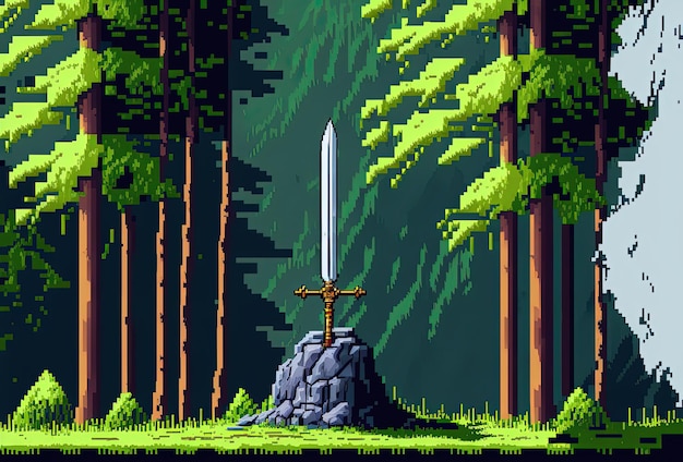 Espada de arte de píxeles atascada en piedra en el fondo de la espada excalibur del bosque para la IA del juego de 8 bits