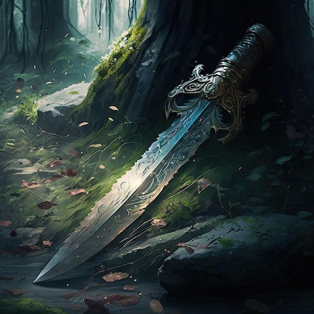 una espada en un bosque con un árbol en el fondo