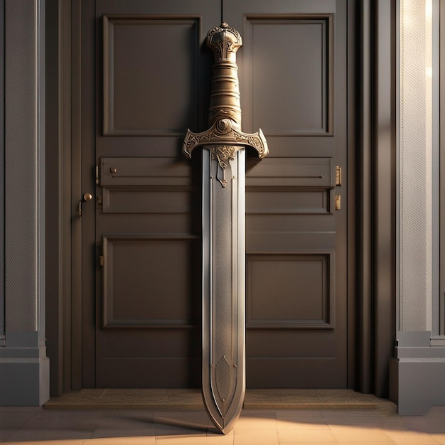 Una espada se coloca frente a una puerta.