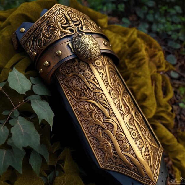 una espada colocada en un paño verde con un mango de oro