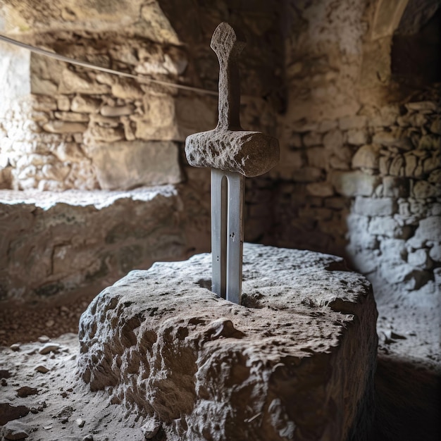 Foto espada de cavaleiros preso em uma sala de pedra de uma medieval