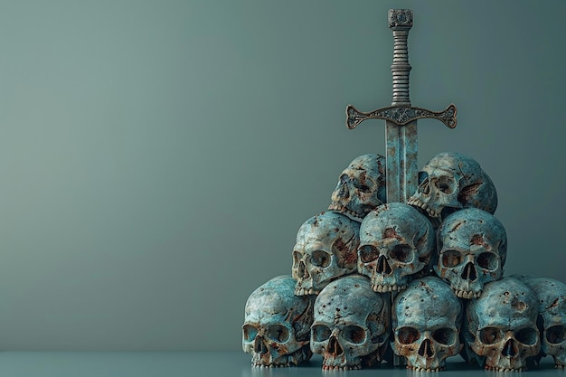 Espada de guerreiro presa em crânios 3D renderização de fundo claro com amplo espaço de cópia