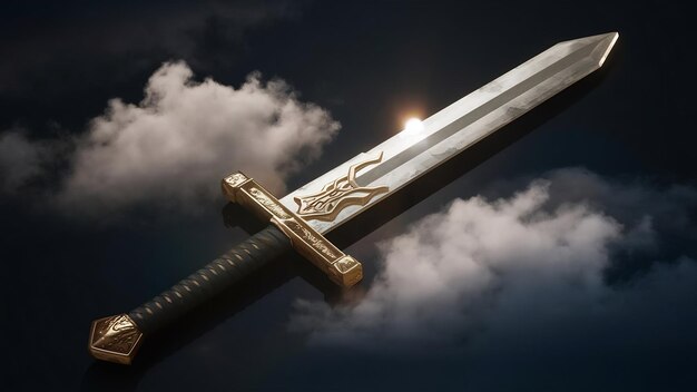 Foto espada de metal em fundo escuro com nuvens renderização 3d