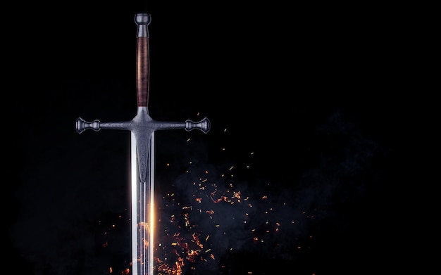 Foto espada de metal em um fundo escuro com renderização 3d de nuvens