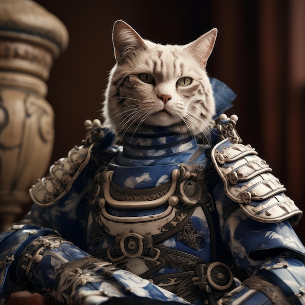 La espada de la elegancia El majestuoso gato samurai de Delft azul en la luz radiante