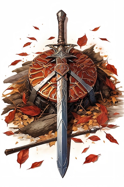 Espada y escudo sobre fondo blanco.