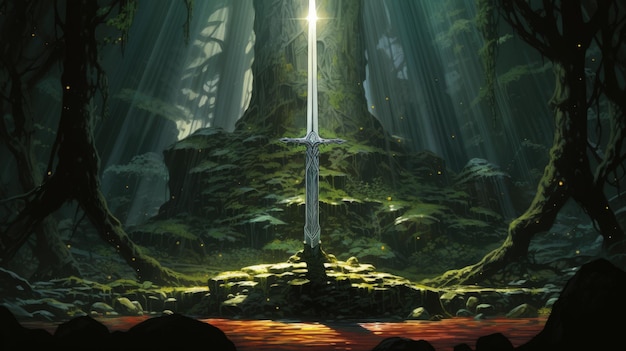 Espada Excalibur en la piedra con rayos de luz en un bosque oscuro IA generativa