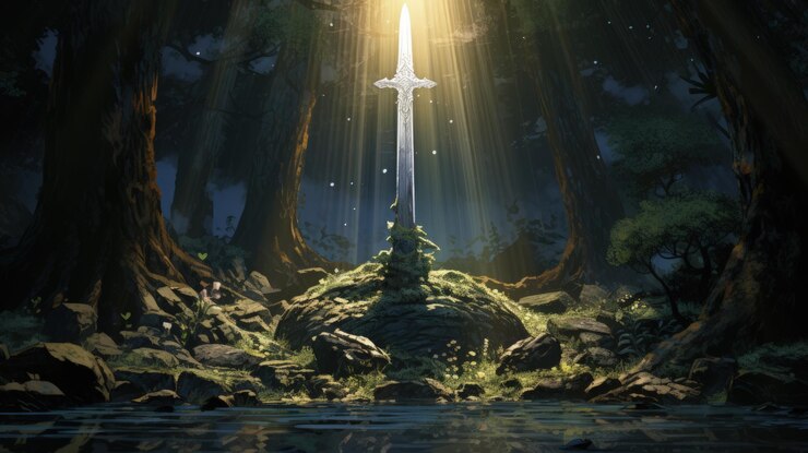 Espada Excalibur en la piedra con rayos de luz en un bosque oscuro IA generativa