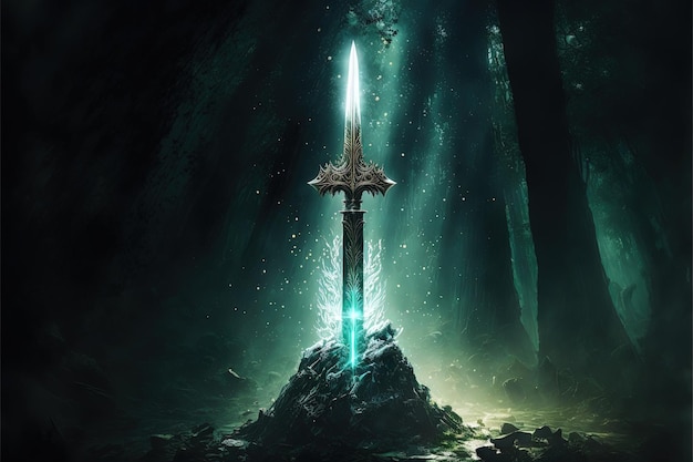 Espada Excalibur en la piedra con rayos de luz en un bosque oscuro Ilustración digital AI