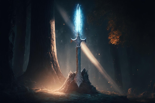 Espada Excalibur en la piedra con rayos de luz en un bosque oscuro Ilustración digital AI