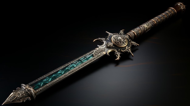Espada de fantasía con picos con ornamento de oro oscuro y diseño turquesa
