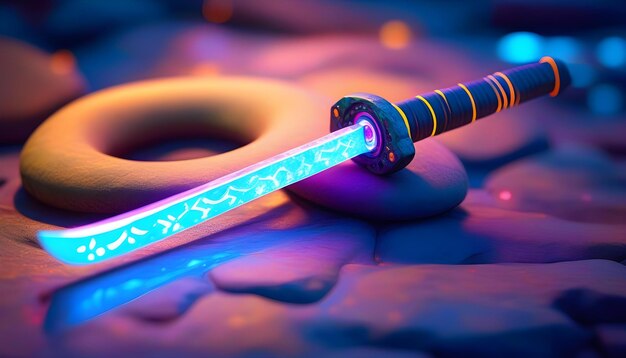 Una espada katana azul y púrpura brillante metida en una piedra rodeada de luces de neón