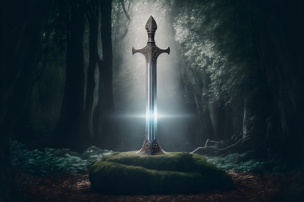 Espada King Arthur Excalibur em uma pedra na floresta um raio de luz refletido na fantasia da espada