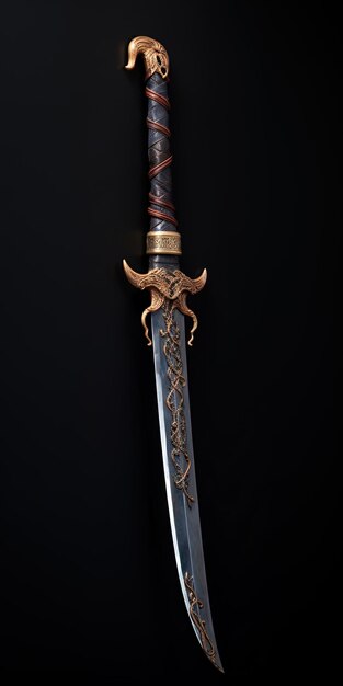 una espada con un mango de oro y un fondo negro