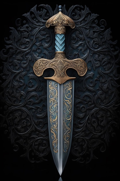 Foto espada medieval y vaina espada dorada de fantasía con hoja larga arte generado por redes neuronales