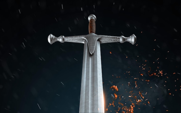 Espada de metal sobre un fondo oscuro con render 3d de nieve