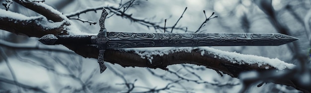 Espada mística em repouso em um galho coberto de neve na Floresta de Inverno