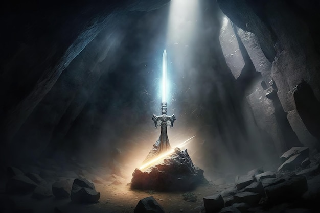 Espada na pedra com raios de luz e especificações de poeira em uma caverna escuraFantástica ilustração mágica AI