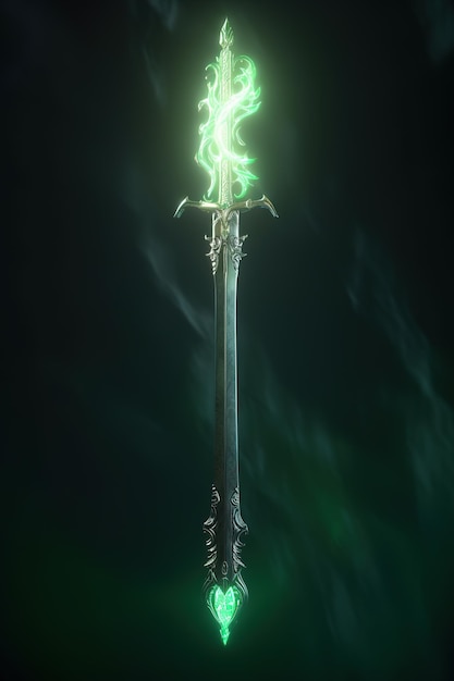 Una espada con un rayo verde en ella.