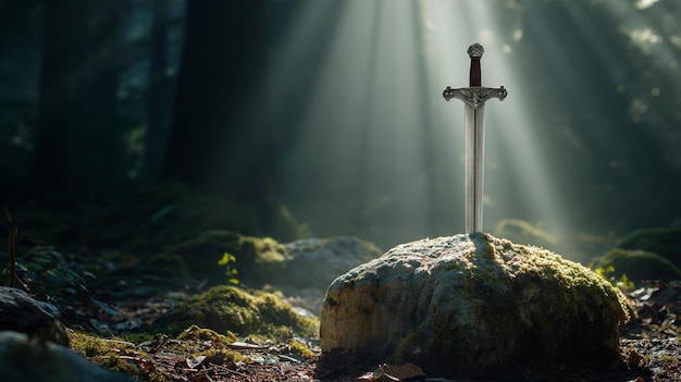 La espada del rey Arthur Excalibur en una piedra en el bosque un rayo de luz reflejado en la espada