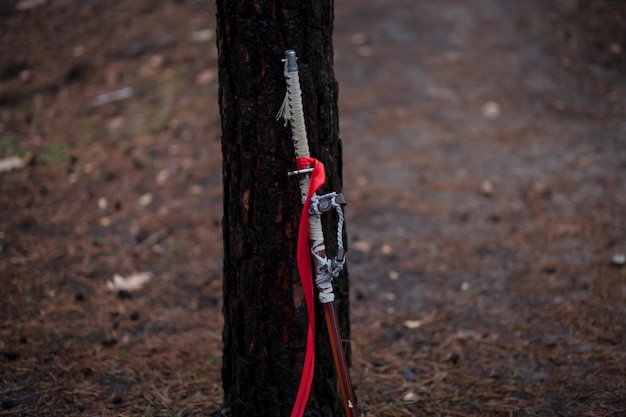 Espada samurái japonesa katana con cinta roja. Una mujer sosteniendo una espada samurái.