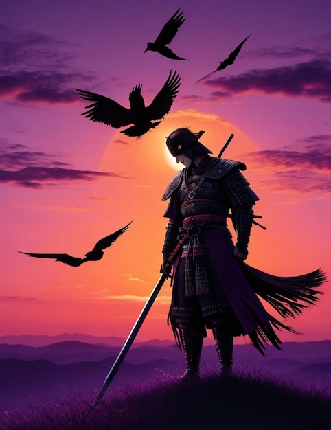 espada samurai pôr-do-sol muito detalhado roxo e sombra corvos sem rosto