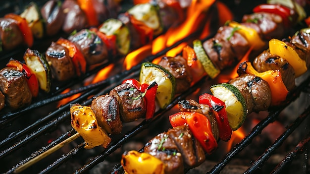 Espadas de barbacoa kebabs de carne con verduras en la parrilla en llamas