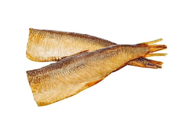 Espadilhas em óleo dois peixes decapitados isolados no fundo branco com traçado de recorte
