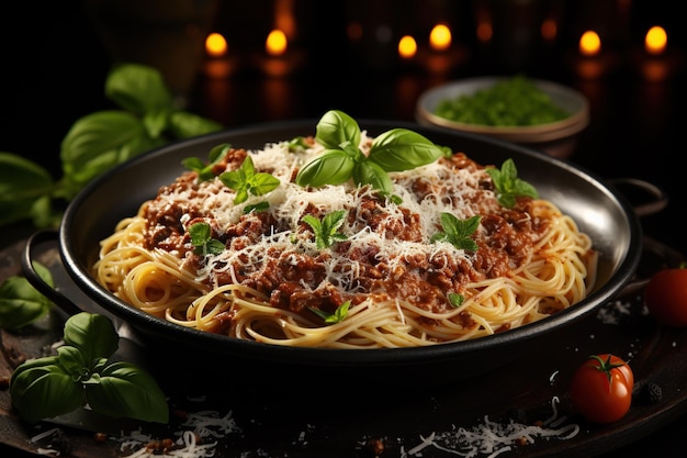 Espaguete à bolonhesa Um prato de massa farto com rico molho de carne e queijo parmesão ralado Gerado com IA