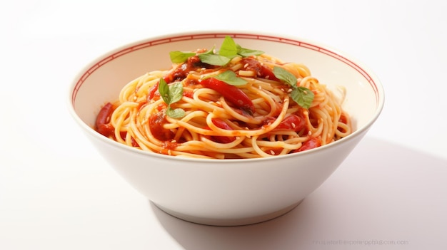 Espaguete aprimorado digitalmente em tigela vermelha e branca oriental