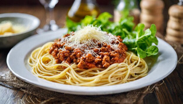 espaguete bolognese coberto de parmesão ralado servido ao lado de uma salada verde vibrante em um rústico