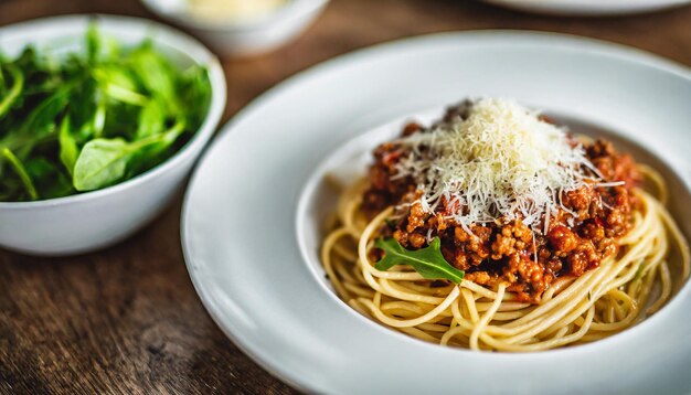 Foto espaguete bolognese coberto de parmesão ralado servido ao lado de uma salada verde vibrante em um rústico