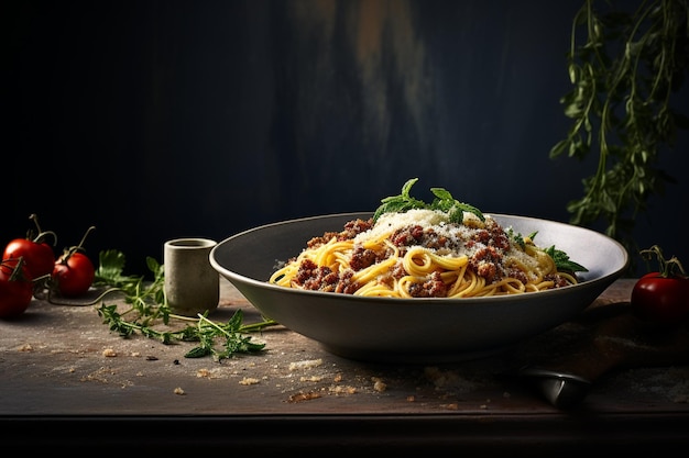 Espaguete bolognese e limonada em cimento cinza