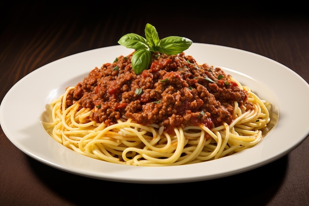 Espaguete Bolognese em um prato branco com folha de manjericão em uma mesa de madeira