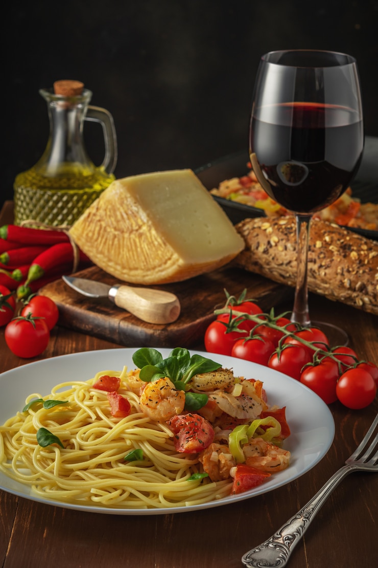 Foto espaguete com camarão, tomate cereja e especiarias
