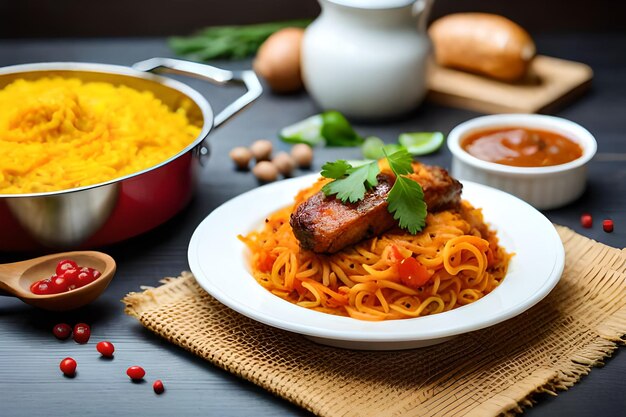 espaguete com carne e vegetais em um fundo de mesa Ai generativo