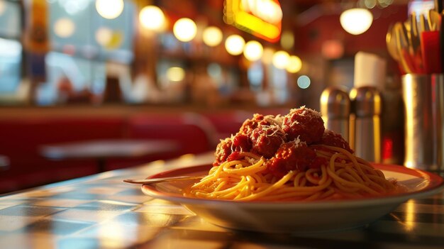 Espaguete com Meatballs contra um balcão de restaurante clássico