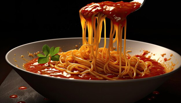 Foto espaguete com molho a ser drenado sobre fundo preto