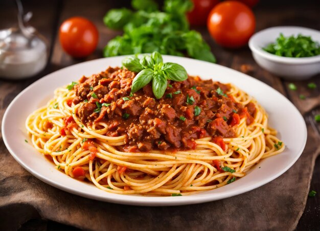 Foto espaguete com molho bolognese num prato branco