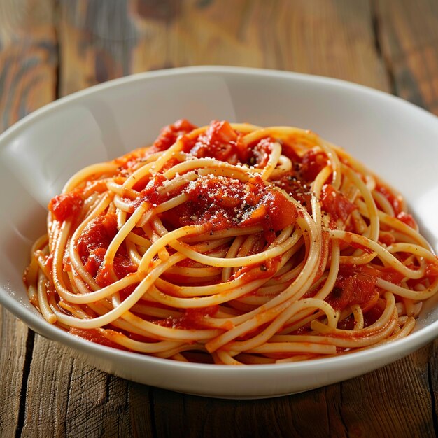 espaguete com molho de amatriciana no prato na mesa de madeira