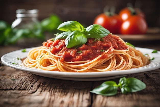 Espaguete com molho de tomate e manjericão em um prato