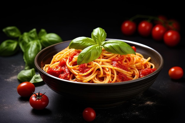 espaguete com molho de tomate e manjericão sobre um fundo preto
