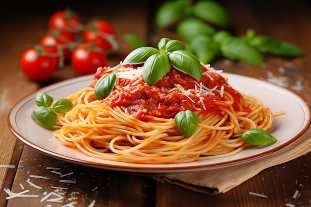 Espaguete com molho de tomate servido em prato Generative AI